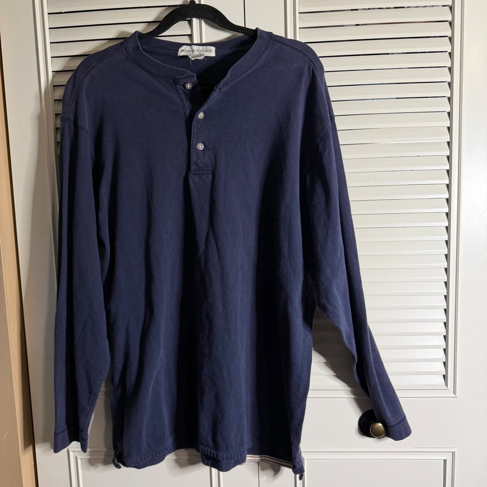 Banana Republic Mens Navy Blue Long Sleeve 100% Cotton Henley Shirt Large